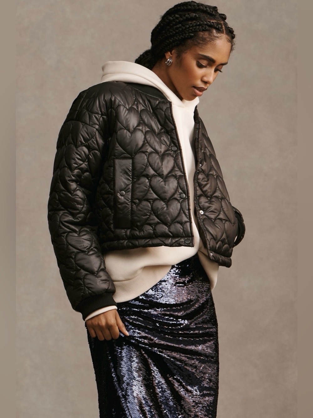 Maeve Anthropologie L Black Heart Quilted Bomber Jacket Puffer Cropped Coat Chic